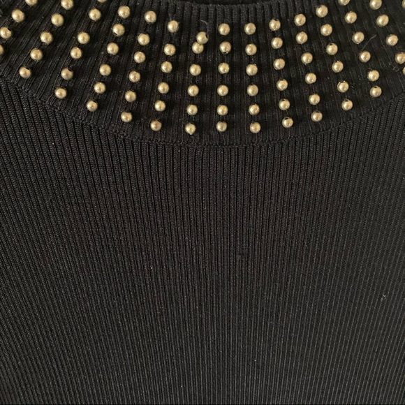 Modest Black Ribbed Bodycon Midi with Gold Accents - Picture 2 of 3